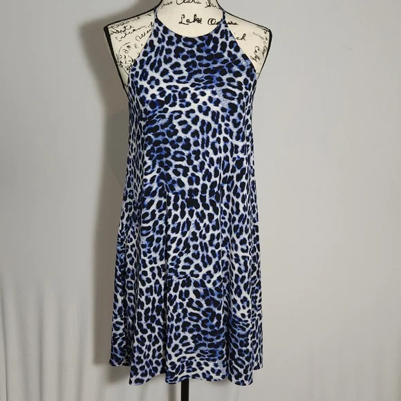 Vince Camuto Womens Leopard Song Crepe Sleeveless Party Dress Blue XS Vince Camuto Womens Leopard Song Crepe Sleeveless Party Dress Blue XS